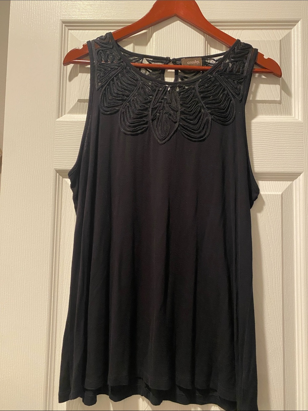 crosby. Black Sleeveless Tank with Embroidered Yoke